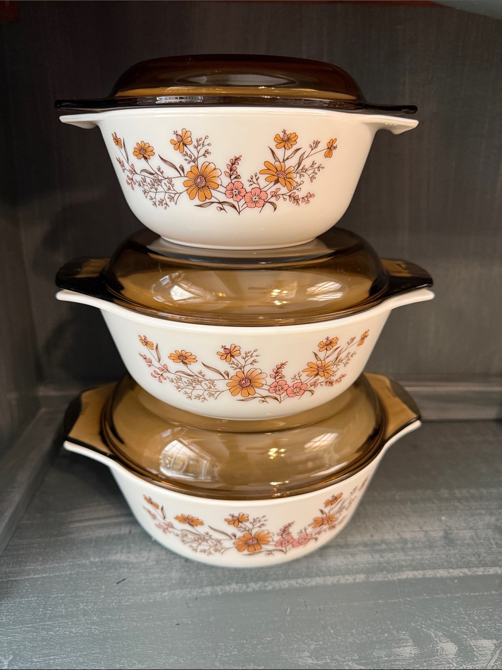 vintage Pyrex English Country Autumn or Woodland pattern lidded casserole dishes
